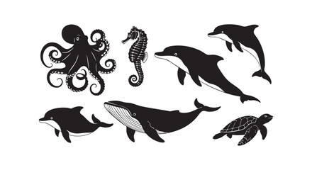 Fototapeta premium Marine life silhouettes set featuring octopus seahorse dolphins whale and sea turtle icons for aquatic design vector art.