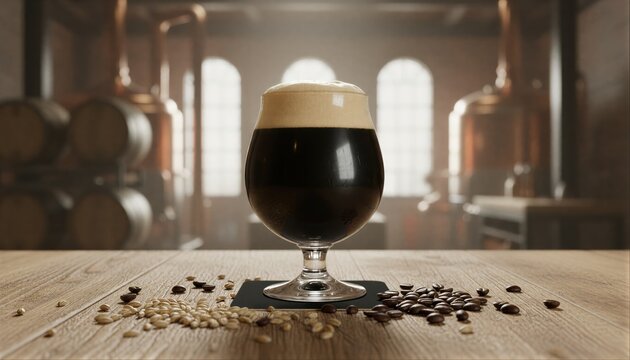 Stout beer glass on rustic oak table with roasted malts