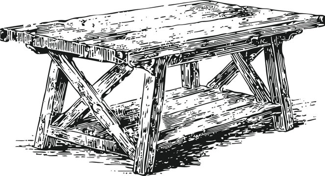 rustic wooden table with sturdy trestle legs and lower shelf engraved illustration