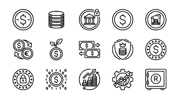 Modern Outline Coins and Bank Payment Icons Set with American Dollar Currency and Cash Symbols Vector Illustration