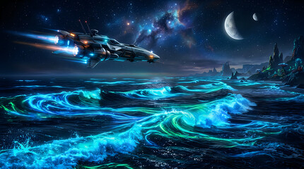 Fototapeta premium Spacecraft flying over glowing ocean at night