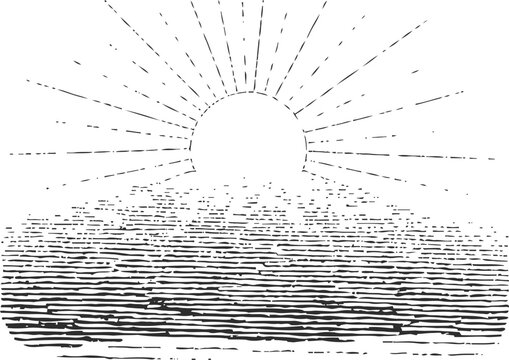 Vintage sun rising over ocean engraving nautical horizon seascape with radiant rays illustration