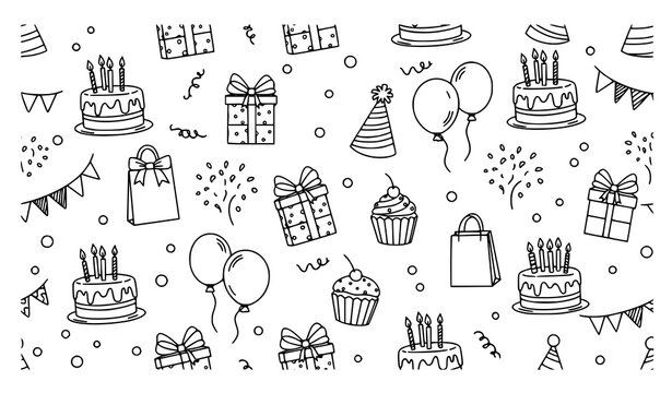 Black and white birthday party seamless vector pattern with cupcakes, cakes, and festive icons