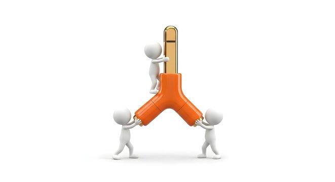 Small figures climbing a giant orange headphone jack splitter