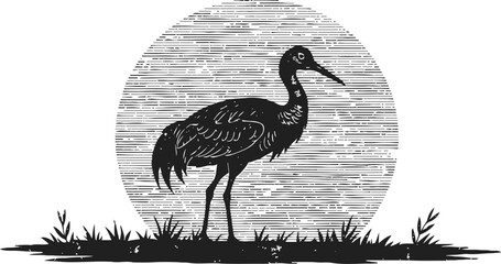 Naklejka premium crane bird silhouette with sunset background nature wildlife scene engraving illustration