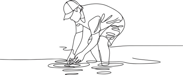 Fototapeta premium Continuous line drawing of a person bending down to touch water