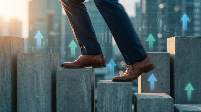 Business professional stepping up concrete bar charts symbolizing financial growth and career advancement in modern city setting with upward arrows indicating market success trends.