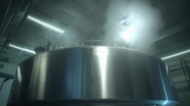 Industrial stainless steel tank filling the frame, releasing steam into a modern manufacturing facility, highlighting processes of brewing, production, and precision technology in a factory setting