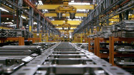 Fototapeta premium Medium shot featuring overhead cranes operating above rows of stamped metal parts stored on racks emphasizing heavy machinery handling in a manufacturing setting.