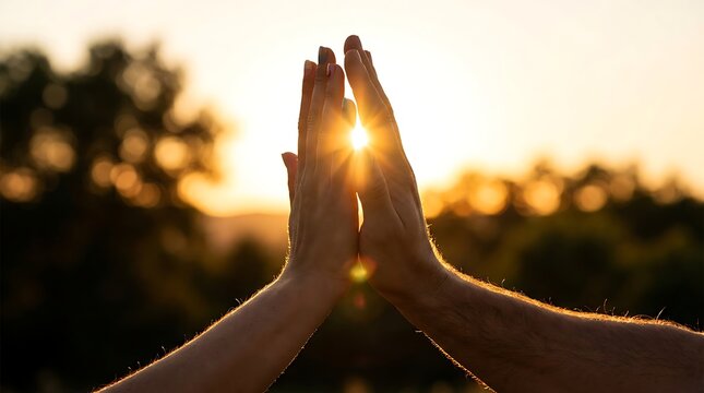 A close-up shot of two hands giving a high five, silhouetted against a beautiful sunset. The sun's rays are bursting through their hands, creating a warm and uplifting moment.