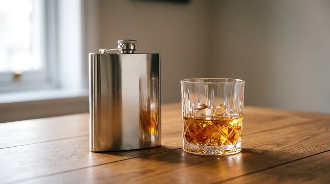A stainless steel hip flask and a glass of amber whiskey with ice sit on a wooden table