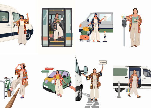 Collection of Illustrations Depicting a Stylish Woman Using Various Modes of Urban Transportation, Including Vanpooling, Cycling, and Driving a Small Electric Car