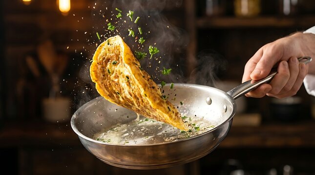 A chef skillfully flips a golden omelet in a hot frying pan, with fresh parsley garnish flying. Steam rises from the savory dish, creating an enticing culinary scene