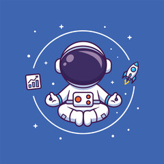 Naklejka premium Cute Cartoon Astronaut Meditating in Space with Rocket and Growth Chart Vector Illustration