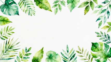 Fototapeta premium A hand-painted watercolor frame featuring various tropical green leaves on a clean white background, designed as a decorative backdrop or template.