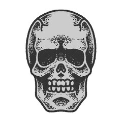 Fototapeta premium Human skull head bone graphic displaying detailed hand drawn stippling pointillism shading textures for alternative youth culture streetwear apparel merchandise background layout clip art.