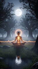 Obraz premium Meditating figure under full moon in mystical forest landscape illustration