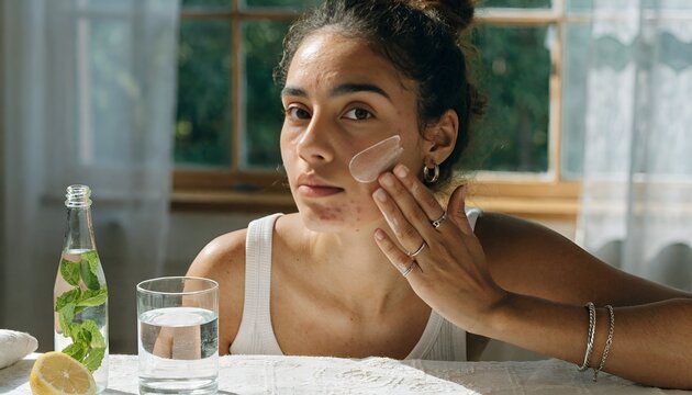 Woman applying cream to acne-prone skin, natural skincare, self-care