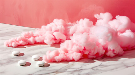 Obraz premium Pink smoke clouds with white pills on marble floor against coral background. Abstract surreal pharmaceutical concept art with dreamy aesthetic and minimalist composition.