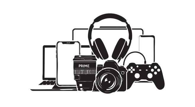 Technology and entertainment device stack vector illustration, black and white color, modern concept.