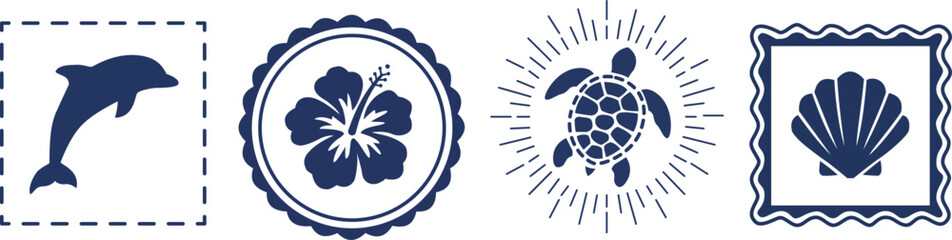 Set of four marine icons with dolphin, hibiscus flower, turtle and shell © Labib