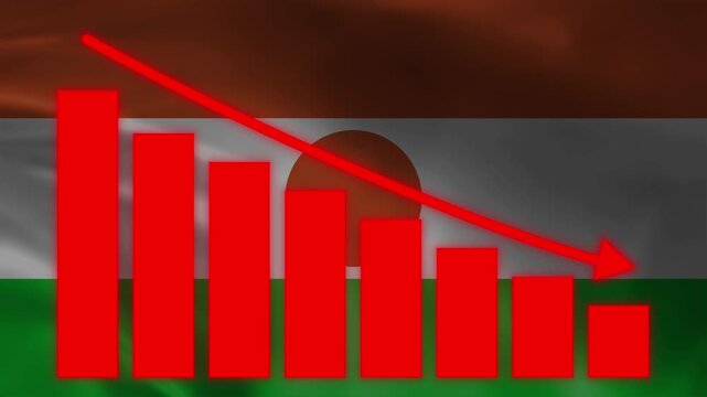Economic Decline: A red graph shows a sharp decline against the backdrop of a waving flag, symbolizing a nation's economic downturn and financial hardship.