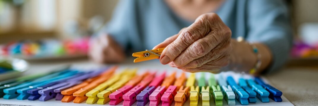 Closeup of a senior woman gently pinching colorful clothespins enhancing dexterity with shallow depth of field in a warmly lit room adorned with creative crafts.