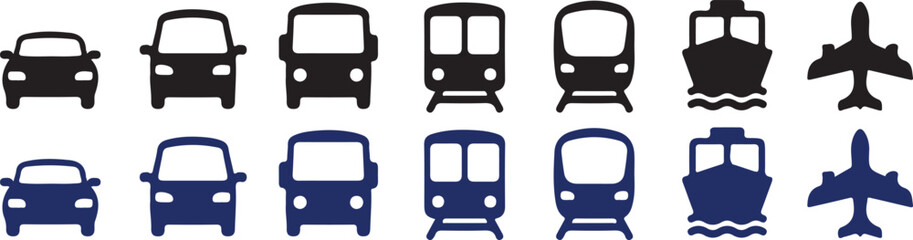 Set of travel transport icons in black and blue including car bus train ship airplane. © MehediHasan