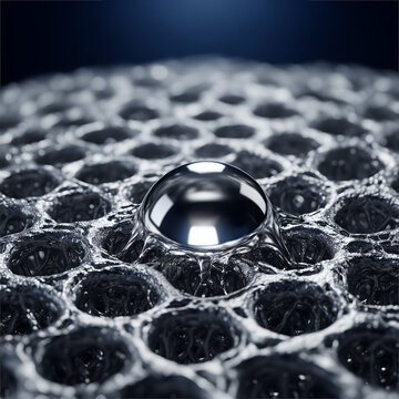 Microscopic Droplet of Liquid Gallium Interacting with Superconducting Cellular Lattice, Macro Shot of Surface Tension and Wetting on Advanced Porous Smart Material, Future Energy Storage Research