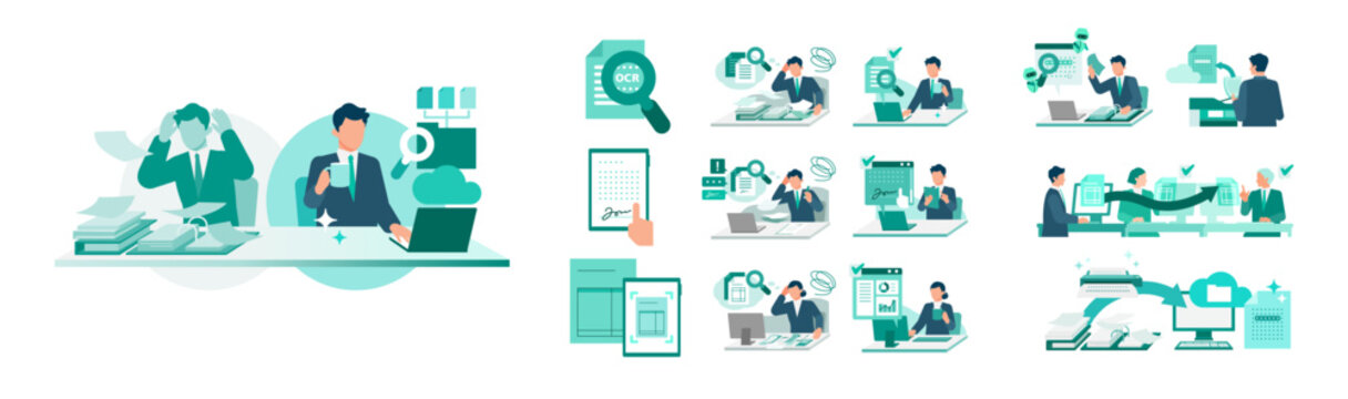 A comprehensive modern flat design collection focusing on document digitization tools where corporate professionals seamlessly manage paperless workflows and secure e-signatures.