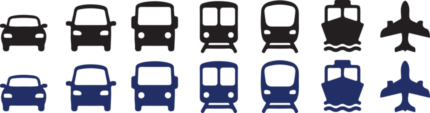 Set of travel transport icons in black and blue including car bus train ship airplane.