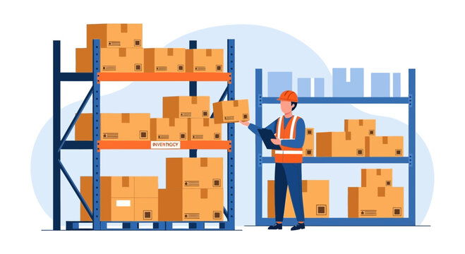 Warehouse worker organizing boxes on shelves, logistics and inventory management concept