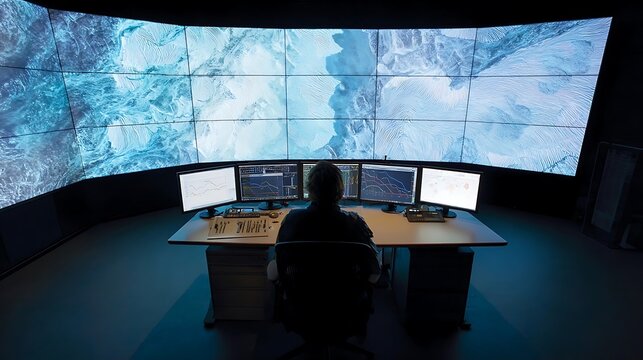 Person operating a control console with multiple monitors and a large curved video wall displaying abstract blue patterns in a dark room
