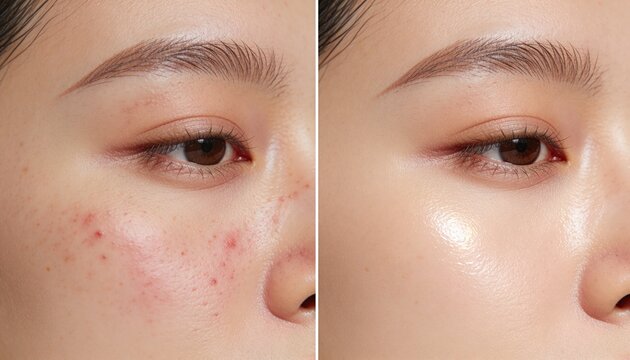Acne skin before and after treatment comparison close up dermatology skincare improvement beauty transformation cosmetic therapy result concept