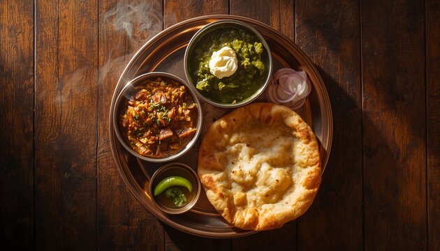 Traditional Punjabi meal served on a copper thali, Sarson ka saag with makki di roti, authentic food photography.