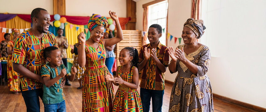 Happy multi generational Black family dancing in traditional African clothing. Smiling parents, grandparents and kids celebrating at colorful party