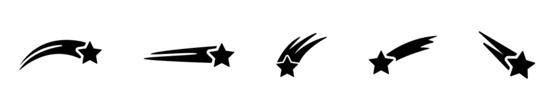 Set of black shooting stars and comet silhouettes with streaking trails, isolated on white background as minimal celestial icon collection
