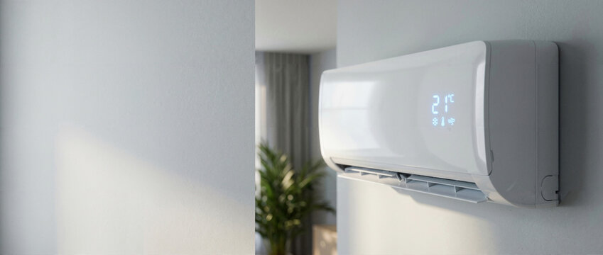White wall mounted air conditioner unit on a grey wall. Modern home interior with digital temperature display showing 21 degrees Celsius. Indoor climate control concept