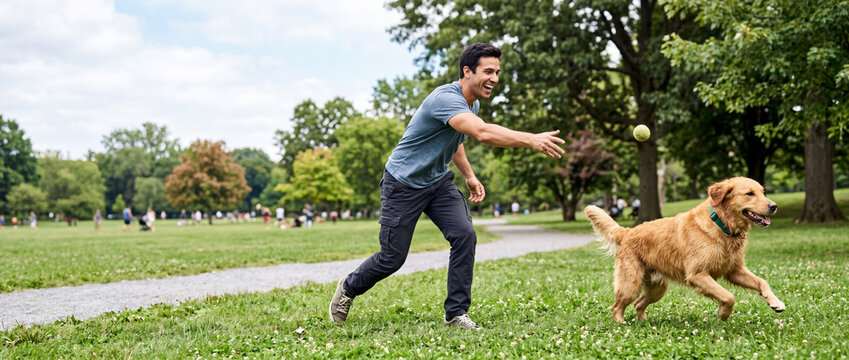 Happy man playing fetch with his golden retriever dog in a green park. Male owner throwing a tennis ball for his pet outdoors