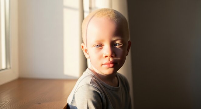 Portrait of young African albino child with blue eyes looking at camera in natural window light, diversity and inclusion representation