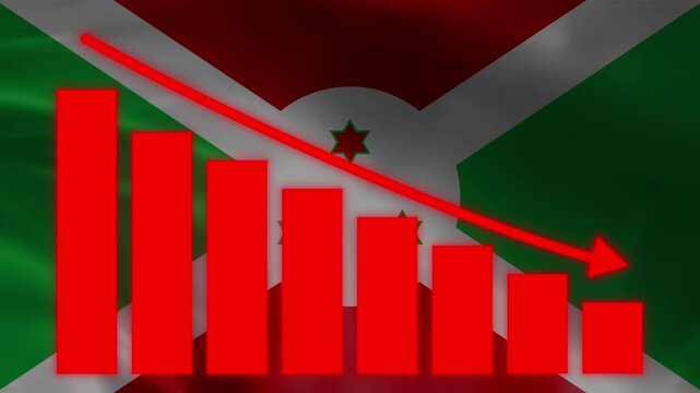 Economic Decline in Burundi: A red bar graph shows a downward trend, overlaid on the flag of Burundi, symbolizing a period of economic downturn and financial struggle within the nation.