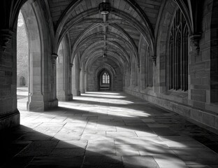 Obraz premium Arched hall bathed in light, old stone texture, serene