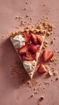 Blush-toned editorial close-up of a deconstructed strawberry tart slice with whipped cream rosettes and fresh sliced strawberries scattered on a warm pink background, stylish food photography