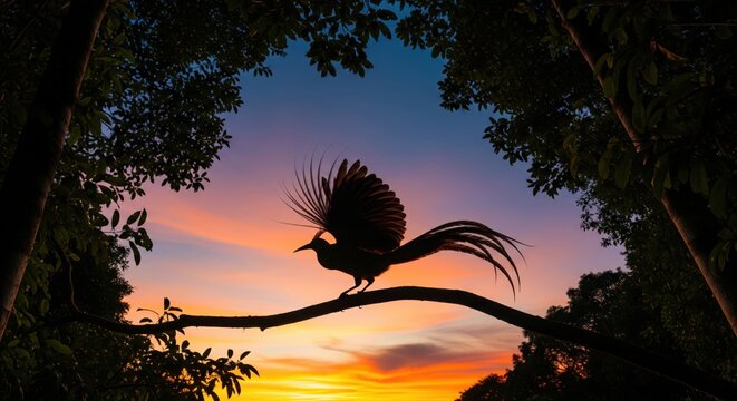 Dramatic silhouette of bird of paradise displaying plumage on branch against vibrant sunset sky framed by tropical jungle trees