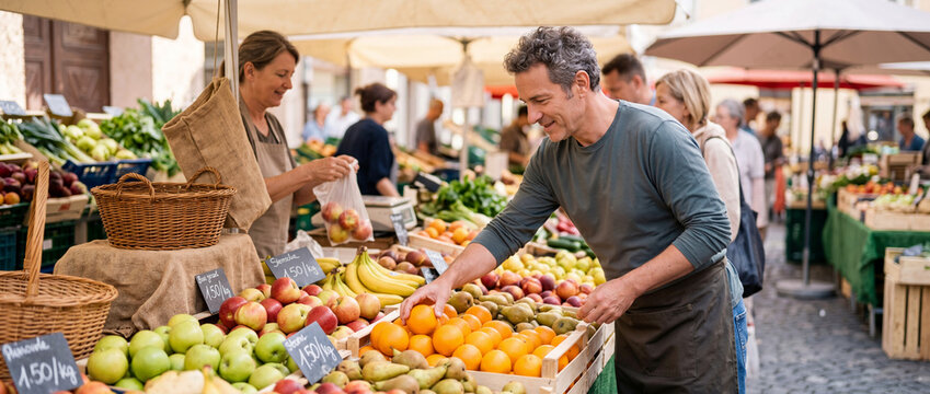 Male vendor arranging fresh oranges at an outdoor farmer's market stall. Man in an apron working at a local fruit and vegetable stand