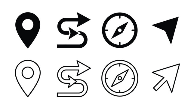 Set of navigation icons, map pin, winding road arrow, compass, and cursor pointer, vector illustration