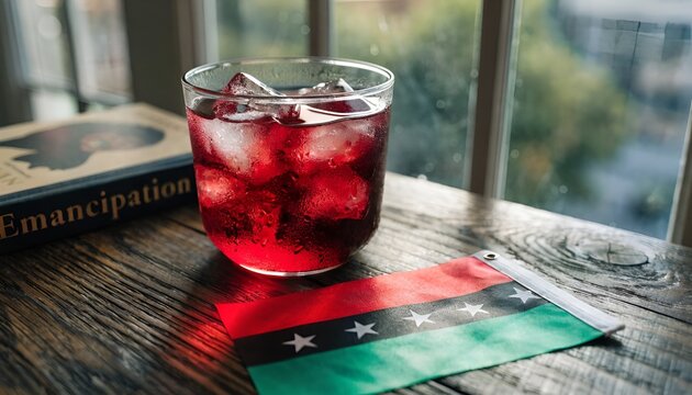 Red Drink with Ice and Libyan Flag on Wooden Table