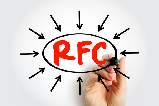 RFC Request for Comments acronym hand drawn with marker inside oval and arrows pointing to it on background. Technical document series containing internet standards and protocol research
