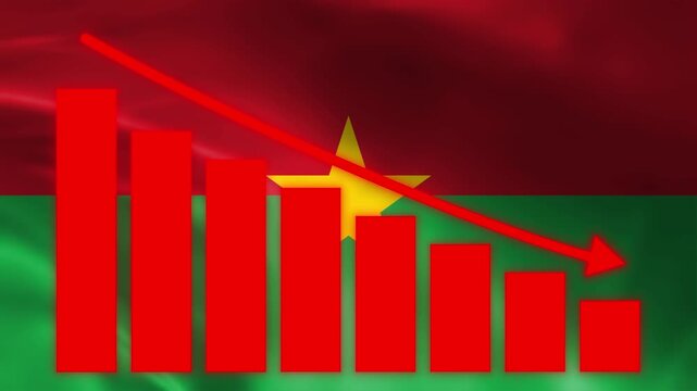 Economic Downturn: A stark red bar graph with a downward trend arrow superimposed over a blurred national flag symbolizes economic recession and financial instability.