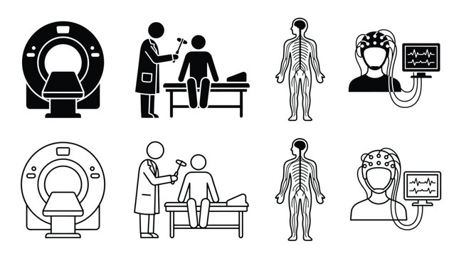 Set of neurology icons, including mri scanner, neurological examination with reflex hammer, human nervous system, and eeg brain activity monitoring, vector illustration